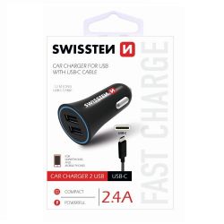 Swissten Swissten auts tlt, 2 USB port, USB-C kbellel, 2,4 A, fekete