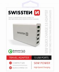 Swissten Swissten Qualcomm 3.0 gyorstlt adapter, Smart IC, 5 USB, 50W, fehr