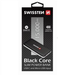 Swissten Swissten black core slim power bank, 15000 mAh, USB-C s mikro USB input, Smart IC