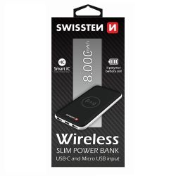 Swissten vezeték nélküli slim power bank, 8000 mAh, USB-C és mikro USB input, Smart IC