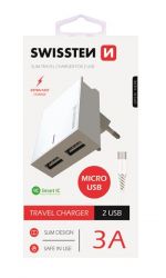 Swissten Swissten hlzati gyorstlt adapter, Smart IC, 2 USB port, 3A, fehr + mikro USB kbel