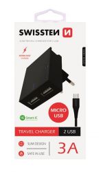 Swissten Swissten hlzati gyorstlt adapter, Smart IC, 2 USB port, 3A, fekete + mikro USB kbel