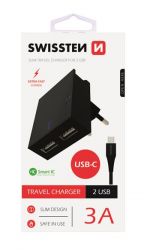 Swissten Swissten hlzati gyorstlt adapter, Smart IC, 2 USB port, 3A, fekete + Type-C kbel