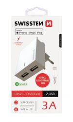 Swissten Swissten hlzati gyorstlt adapter, Smart IC, 2 USB port, 3A, fehr + lightning MFI kbel