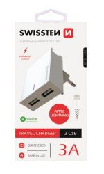 Swissten Swissten hlzati gyorstlt adapter, Smart IC, 2 USB port, 3A, fehr + lightning kbel