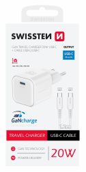 Swissten GaN hlzati tltadapter 1xUSB-C PD, 20W, 1xUSB-C/USB-C 1,2m kbel, fehr
