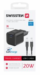 Swissten GaN hlzati tltadapter 1xUSB-C PD, 20W, 1xUSB-C/USB-C 1,2m kbel, fekete