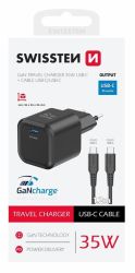 Swissten GaN hlzati tltadapter 1xUSB-C PD 35W, 1,2m USB-C/USB-C kbel, fekete