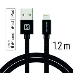 Swissten adat- s tltkbel textil bevonattal, USB/lightning MFI, 1,2 m fekete