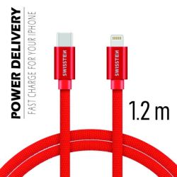 Swissten Swissten adat- s tltkbel textil bevonattal, USB-C/lightning, Power Delivery, 1,2 m piros