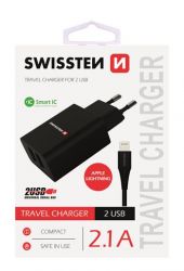 Swissten Swissten hlzati tlt adapter + lightning kbel, 2 USB port, Smart IC, 2,1 A, fekete