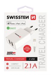 Swissten Swissten hlzati tlt adapter + lightning MFI kbel, 2 USB port, Smart IC, 2,1 A, fehr