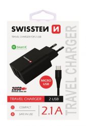 Swissten Swissten hlzati tlt adapter + mikro USB kbel, 2 USB port, Smart IC, 2,1 A, fekete