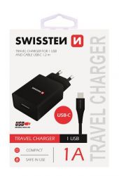 Swissten Swissten hlzati tlt adapter + Type-C kbel, 1 USB port, 1 A, fekete