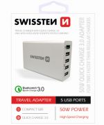 Swissten Qualcomm 3.0 gyorstöltő adapter, Smart IC, 5 USB, 50W, fehér