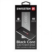 black core slim power bank, 15000 mAh, USB-C és mikro USB input, Smart IC