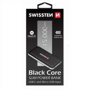 Swissten black core slim power bank, 15000 mAh, USB-C s mikro USB input, Smart IC