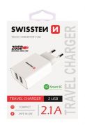 Swissten hálózati töltő adapter, 2 USB port, Smart IC, 2,1 A, fehér
