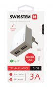 Swissten hálózati gyorstöltő adapter, Smart IC, 2 USB port, 3A, fehér + mikro USB kábel