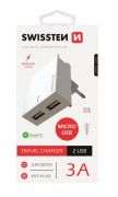 Swissten hlzati gyorstlt adapter, Smart IC, 2 USB port, 3A, fehr + mikro USB kbel