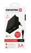 Swissten hálózati gyorstöltő adapter, Smart IC, 2 USB port, 3A, fekete + mikro USB kábel