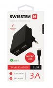 Swissten hlzati gyorstlt adapter, Smart IC, 2 USB port, 3A, fekete + mikro USB kbel