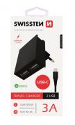 Swissten hálózati gyorstöltő adapter, Smart IC, 2 USB port, 3A, fekete + Type-C kábel
