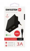 Swissten hlzati gyorstlt adapter, Smart IC, 2 USB port, 3A, fekete + Type-C kbel