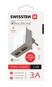 Swissten hálózati gyorstöltő adapter, Smart IC, 2 USB port, 3A, fehér + lightning MFI kábel