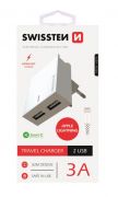 Swissten hálózati gyorstöltő adapter, Smart IC, 2 USB port, 3A, fehér + lightning kábel