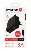 Swissten hálózati gyorstöltő adapter, Smart IC, 2 USB port, 3A, fekete + lightning  kábel