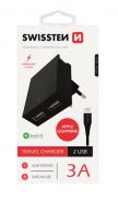 Swissten hlzati gyorstlt adapter, Smart IC, 2 USB port, 3A, fekete + lightning  kbel