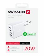 Swissten hlzati tltadapter, 4XUSB, 20W, Smart IC, fehr