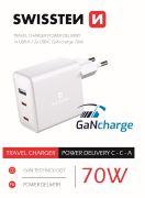 Swissten GaN mini hlzati tltadapter, 2XUSB-C + 1XUSB, 70W, PowerDelivery