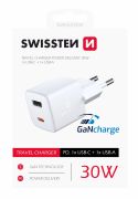 Swissten GaN mini hlzati tltadapter, 1XUSB-C, 1XUSB, Power Delivery, 30W