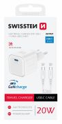 Swissten GaN hlzati tltadapter 1xUSB-C PD, 20W, 1xUSB-C/USB-C 1,2m kbel, fehr