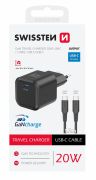 Swissten GaN hlzati tltadapter 1xUSB-C PD, 20W, 1xUSB-C/USB-C 1,2m kbel, fekete