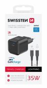 Swissten GaN hlzati tltadapter 1xUSB-C PD 35W, 1,2m USB-C/lightning kbel, fekete