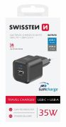 Swissten GaN hlzati tltadapter 1xUSB-C PD 35W, 1xUSB-A QC 27W, fekete