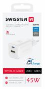 Swissten GaN hlzati tltadapter 1xUSB-C PD 45W, 1xUSB-A QC 18W, fehr