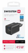 Swissten GaN hlzati tltadapter 1xUSB-C PD 45W, 1xUSB-A QC 18W, fekete