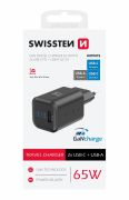Swissten GaN hlzati tltadapter 2xUSB-C PD 65W, 1xUSB-A QC 18W, fekete