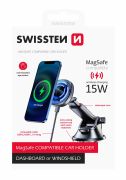 Swissten mágneses autós telefontartó és vezeték nélküli töltő MagSafe kompatibilitással műszerfalra, 15W