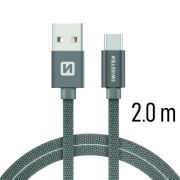 Swissten adat- s tltkbel textil bevonattal, USB/USB-C, 2 m szrke