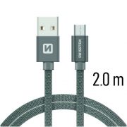 Swissten adat- s tltkbel textil bevonattal, USB/mikro USB, 2 m szrke