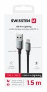 Swissten fonott textil adat- s tltkbel USB/lightning, 1,5m, fekete
