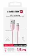 Swissten fonott textil adat- s tltkbel USB/lightning, 1,5m, rzsaszn