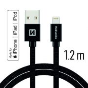 Swissten adat- s tltkbel textil bevonattal, USB/lightning MFI, 1,2 m fekete