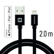 Swissten adat- s tltkbel textil bevonattal, USB/lightning MFI, 2 m fekete
