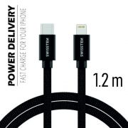 Swissten adat- s tltkbel textil bevonattal, USB-C/lightning, Power Delivery, 1,2 m fekete